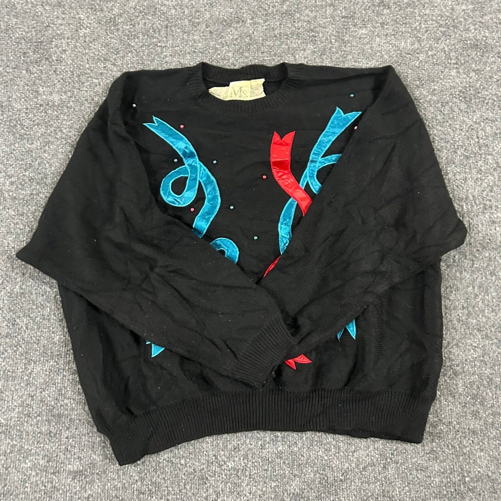 Ms. Russ Sweater Womens Size XL Black Ribbon Beaded Festive Vintage Crewneck
